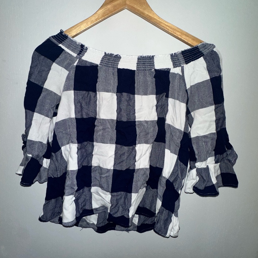 Copper Key Navy and White Checkered Off-Shoulder Blouse